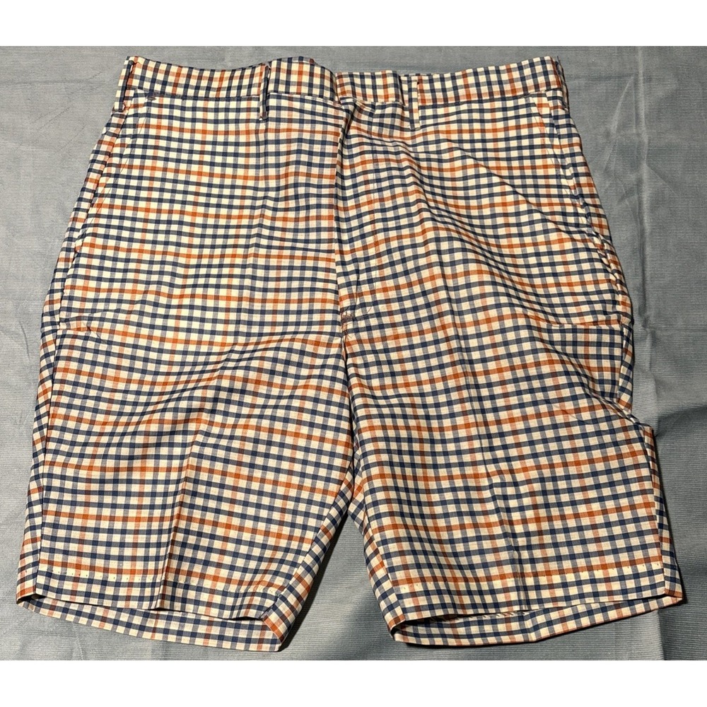 Vintage Mens Plaid Shorts Navy Orange Check Permanently Pressed 37 Waist Retro